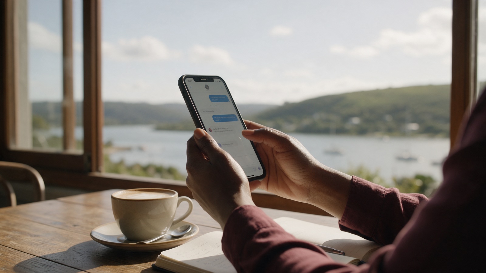 A woman's hands holding a phone at a café table, with a coffee and notebook, overlooking a lagoon