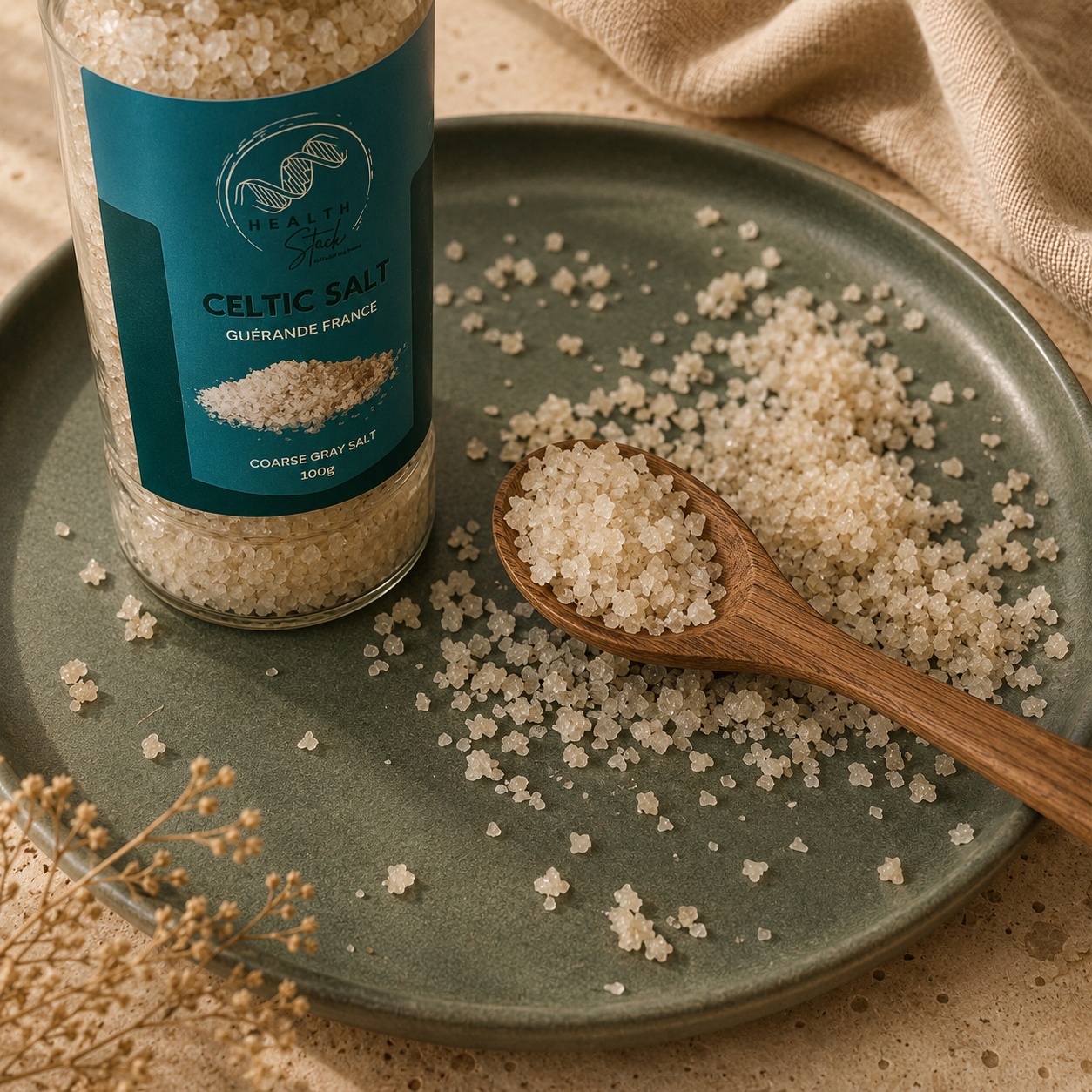 A bottle of HealthStack Celtic salt in a plate with salt and a wooden spoon.