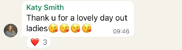 WhatsApp message from Katy Smith: Thank u for a lovely day out ladies 😘😘😘😘